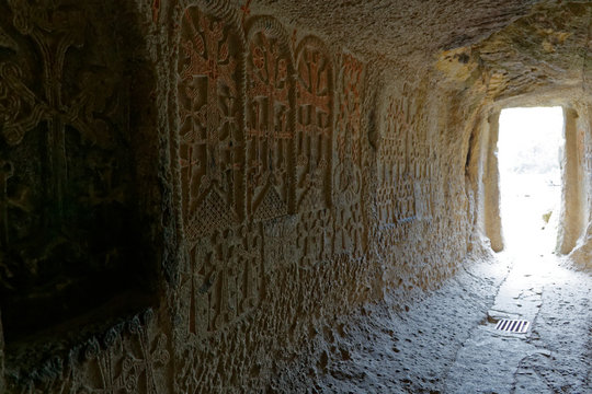 Carved walls in the ancient Armenian monastery Geghard