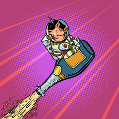 Pig symbol of the new year flies on a bottle of champagne