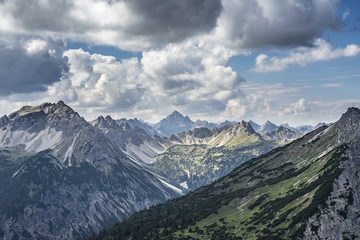 Fototapeta na wymiar scenic mountain landscape in the Tannheim Valley, Tirol, Austria with the famous summits of Rote Flueh, Gimpel and Aggenstein