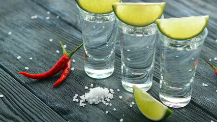 Served glass shots filled with tequila and slices of lime on wooden table with heap of salt and...