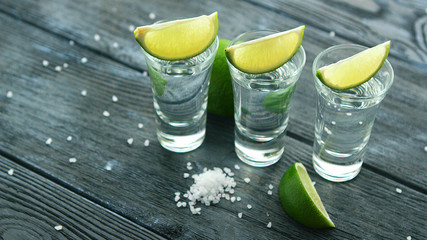 Row of glass shots with tequila and green sour lime slices on wooden table with heap of salt