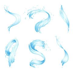 Fototapeta na wymiar Set of water splashes and waves. Blue streams of water of different shapes. Vector illustration