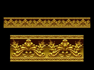 golden, ornamental segment, “equal", straight version for frieze, frame or border. 3d illustration, separated on black