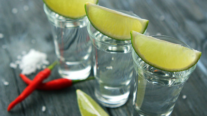 From above closeup shot of glass shots with tequila served with slices of lime on wooden table with...