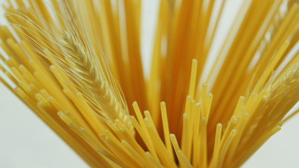 Closeup view of raw unprepared spaghetti decorated with twig of wheat on white background