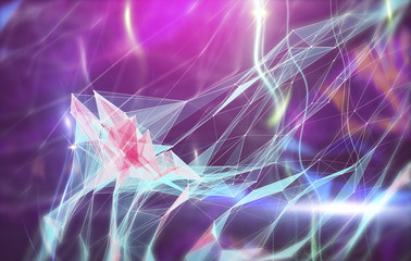 Abstract polygonal space on bright background with connecting dots and lines. Plexus structure. Graphic pink illustration.