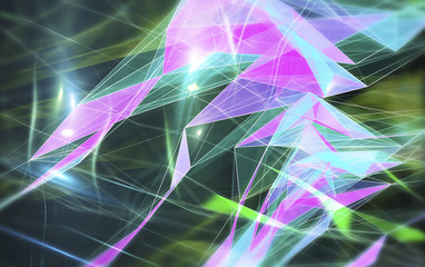 Abstract polygonal space on bright background with connecting dots and lines. Plexus structure. Graphic multicolored illustration.