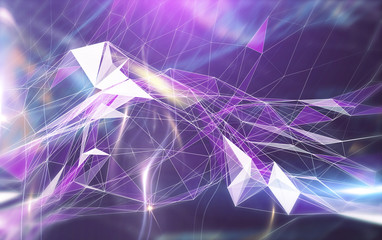 Abstract polygonal space on bright background with connecting dots and lines. Plexus structure. Graphic violet illustration.