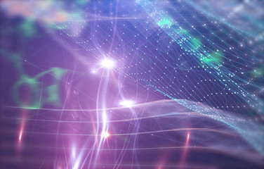 Abstract polygonal space on bright background with connecting dots and lines. Plexus structure. Graphic violet illustration in style minimalism.