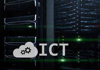 ICT - information and communications technology concept on server room background.