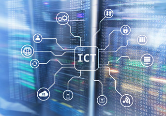 ICT - information and communications technology concept on server room background.