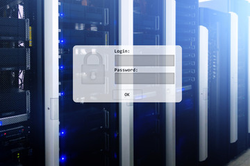 Server room, login and password request, data access and security.