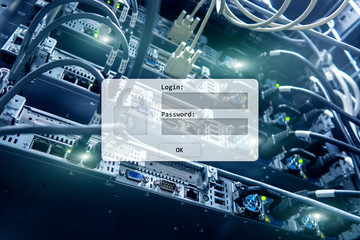 Server room, login and password request, data access and security.
