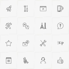 Online Support line icon set with tools, rocket and like - 223908624