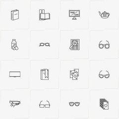 Pensioner line icon set with spectacles, television and book
