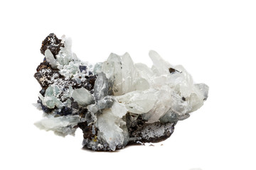 Macro mineral stone Drusus quartz with sphalerite in the rock a white background