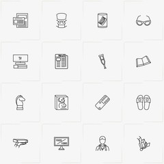 Pensioner line icon set with domino, baggage and newspaper