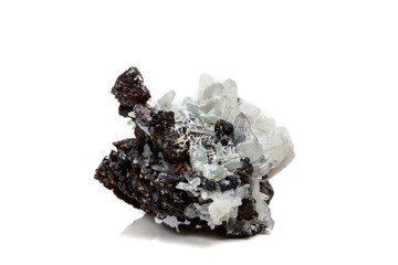 Macro mineral stone Drusus quartz with sphalerite in the rock a white background