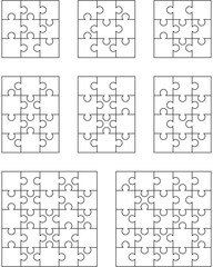 Vector illustration of eight different white puzzles, separate pieces