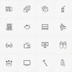 Pensioner line icon set with flowers in pot , spectacles and newspaper