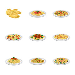 Vector illustration of pasta and carbohydrate icon. Set of pasta and macaroni stock symbol for web.