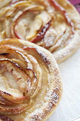 Apple tartlets, puff pastry. Apple pie. Closeup. Homemade bakery.