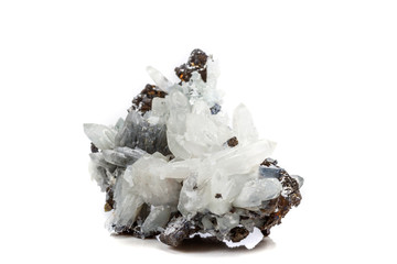 Macro mineral stone Drusus quartz with sphalerite in the rock a white background