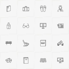 Pensioner line icon set with newspaper, rocking chair  and doctor