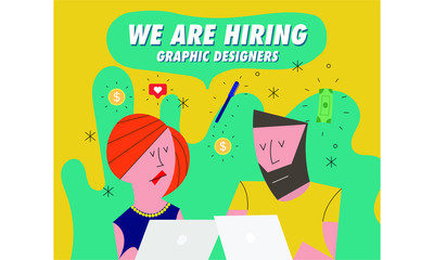 Hiring / Recruitment team with computer.  Recruiting Concept with icons in background. Business. Vector illustration of a man and woman. We're Hiring Graphic Designers