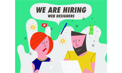 Hiring / Recruitment team with computer. Recruiting Concept with icons in background. Business. Vector illustration of a man and woman. We're Hiring web designers