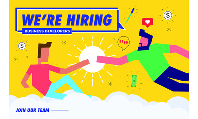 Job Recruiting Concept. Vector illustration of God Creating Adam. We're Hiring Business Developer