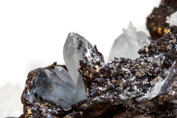 Macro mineral stone Drusus quartz with sphalerite in the rock a white background