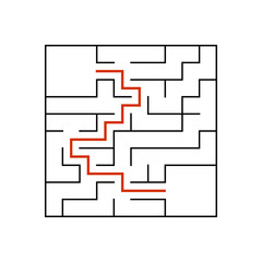 Black square maze with entrance and exit. An interesting game for children. Simple flat vector illustration isolated on white background. With a place for your drawings. With the answer.