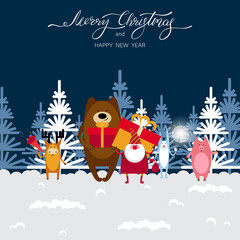 Merry Christmas and Happy New Year card with Santa Claus and cute animals.