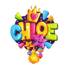 Chloe little girl name. Vector cartoon color emblem 