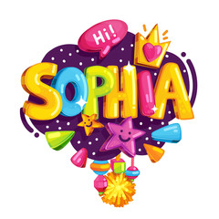 Vector children's emblem of Sophia. Name illustration for the girl. Color print