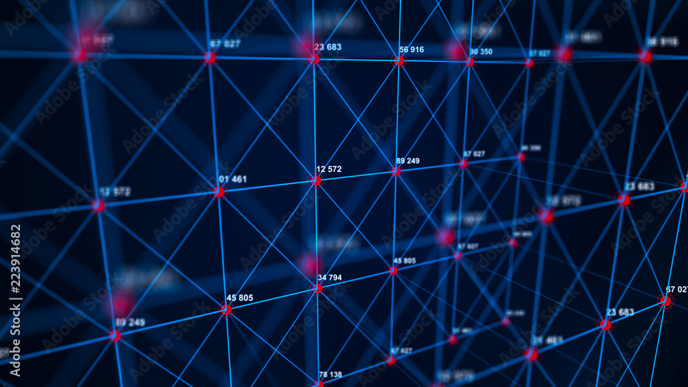 Poster Big data visualization. Technology block chain concept. Futuristic infographic. 3D Rendering. Network connection.