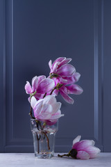Gray room interior decor with fresh magnolia flowers