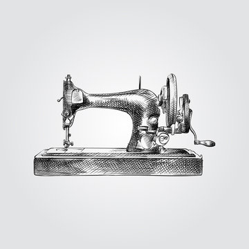 Hand Drawn Sewing Machine Sketch Symbol isolated on white background. Vector Sewing elements In Trendy Style.