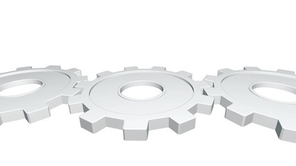 Three gears 3d animation of white color rotates . White background. Alpha channel. Close up