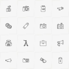 Phototechnique line icon set with camera lens , camera stand  and loudspeaker