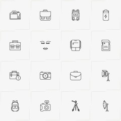 Phototechnique line icon set with battery, case and make up