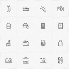 Phototechnique line icon set with photo camera, backpack and memory card