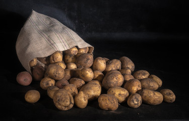 Sack of fresh raw potatoes on black background