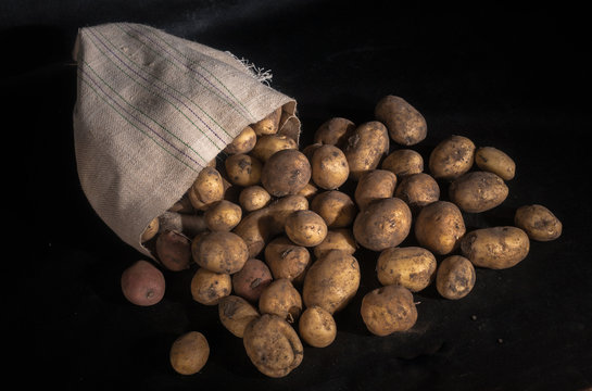 Sack of fresh raw potatoes on black background