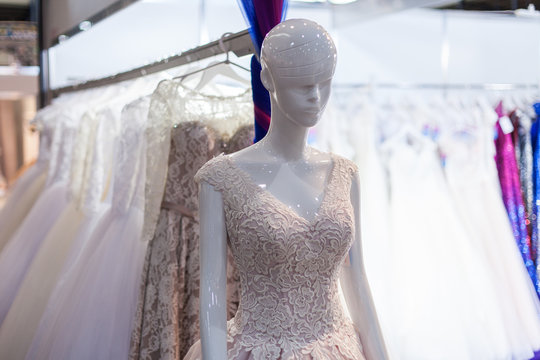 Beige wedding dress.