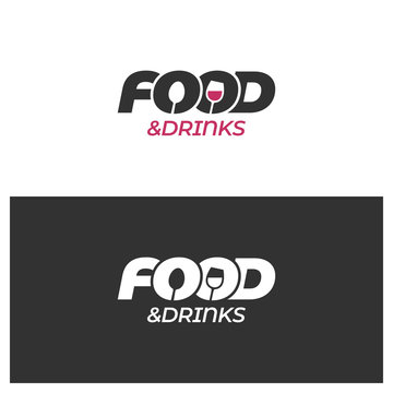 food and drinks logo with spoon, winre glass on black and white background