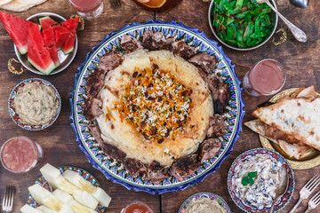 Iranian pilaf with tahdig and lamb close view