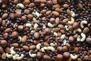Different nuts on a wooden table. Cedar, cashew, hazelnut, walnu