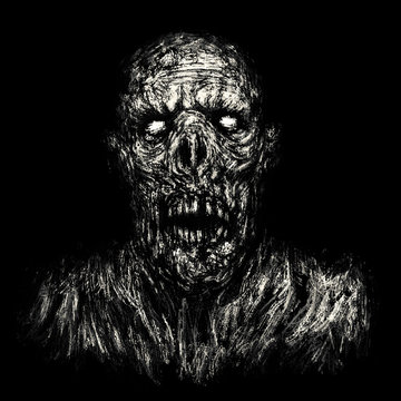 Scary zombie apocalyptic face. Black background